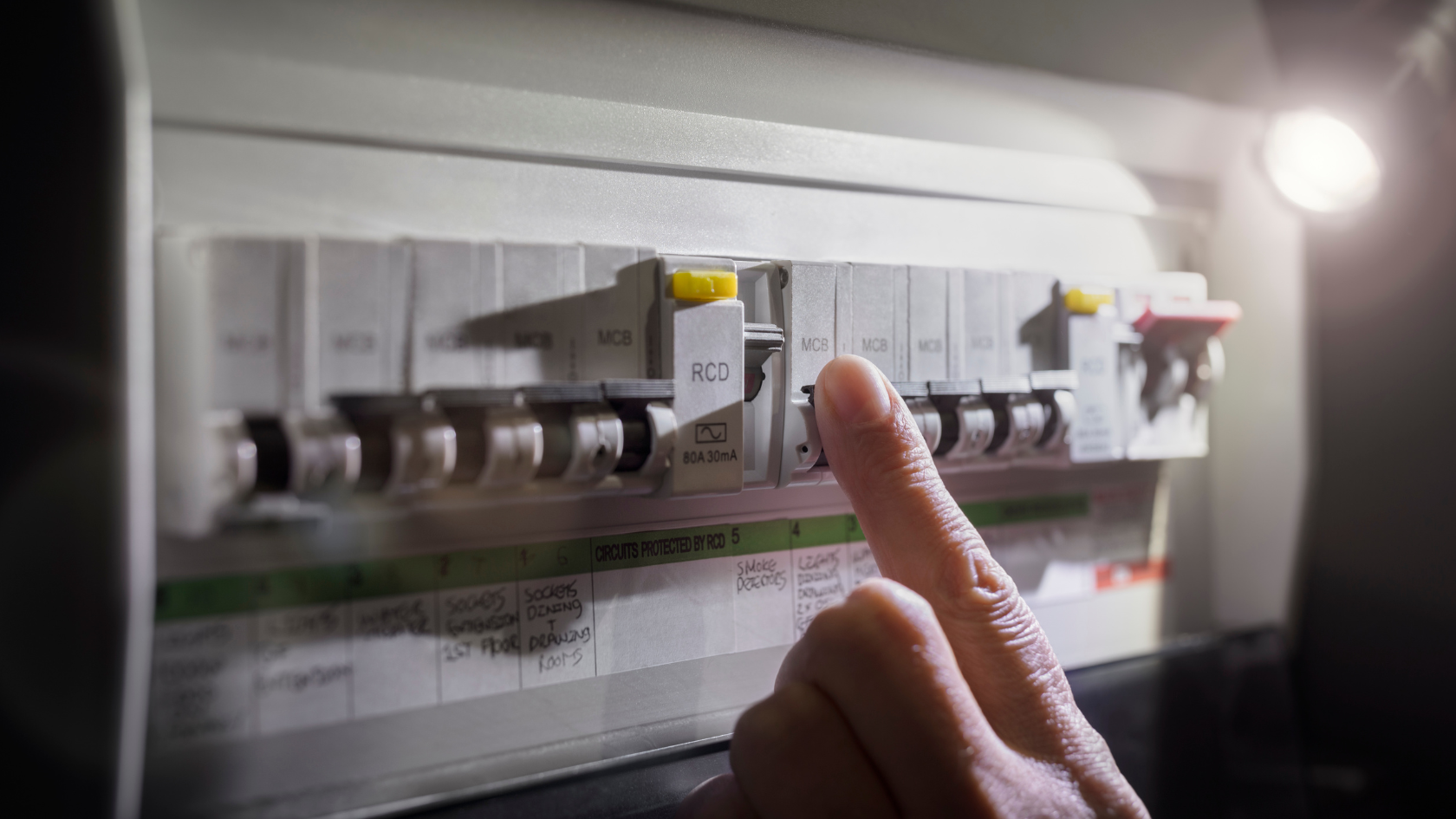 A person pressing a button on a light switch